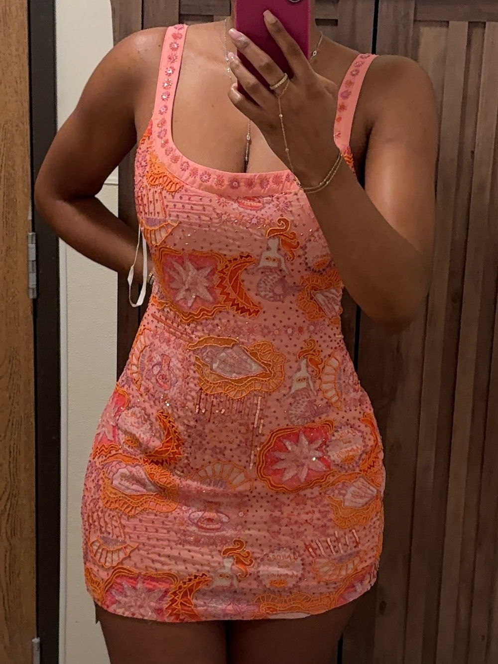 For Love & Lemons Pink Mini Dress with Orange Embroidery